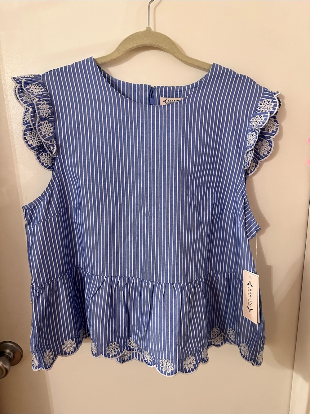 Blue & White Striped Flutter Sleeve Peplum Top